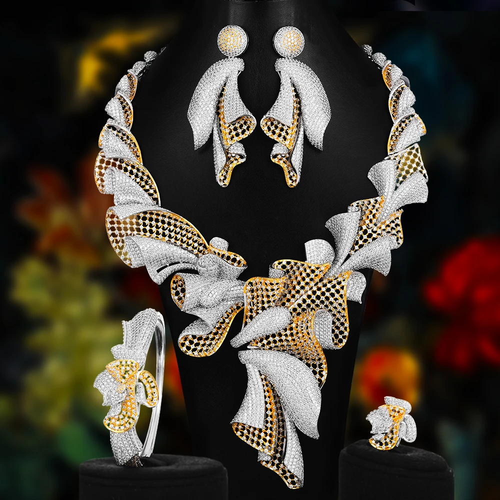 

GODKI Feather Exclusive Super Luxury Flower Women Wedding Cubic Zirconia Lariat Necklace Earring Bangle Ring Jewelry Set
