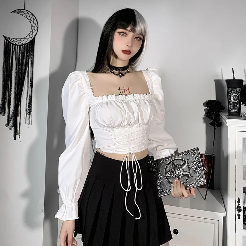 Женская Винтажная футболка на шнуровке с квадратным вырезом и длинным рукавом |