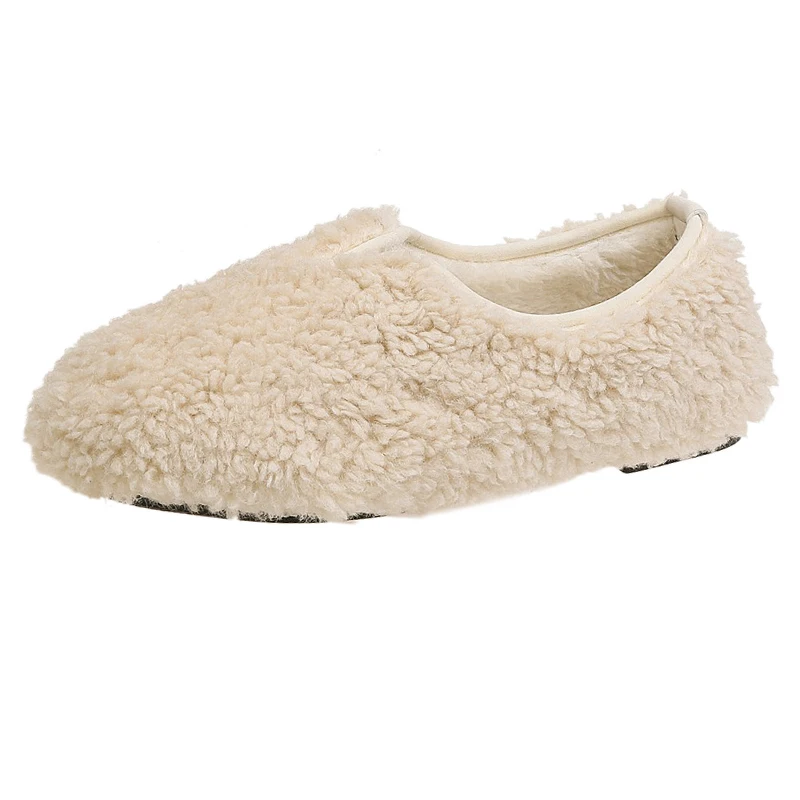 Женские зимние шлепанцы с мехом ягненка; chaussures femme Pantuflas; меховые шерстяные туфли для улицы; женская обувь; женские мокасины; Тапочки - Цвет: Бежевый