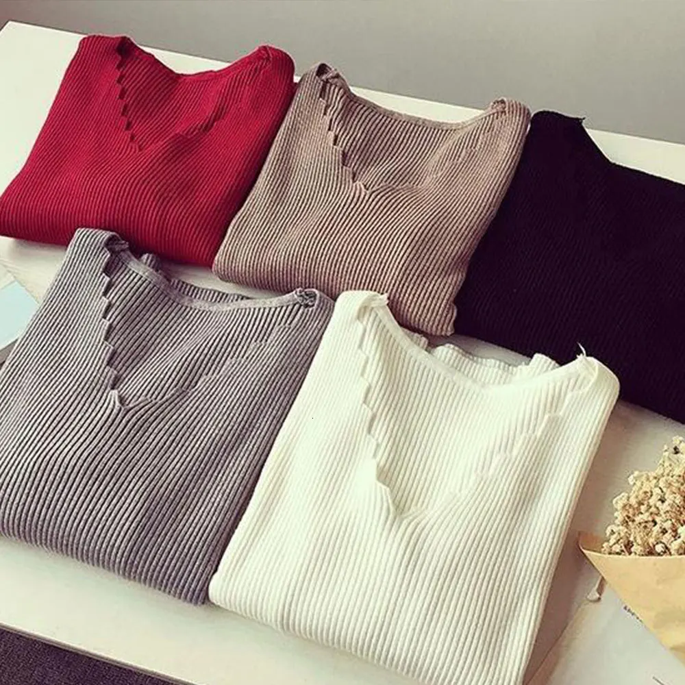 

Sexy V Neck Knitted Pullover Casual Long Sleeve Solid All-match Jumper Harajuku Sweater Retro Tops Women Clothing Pull Femme