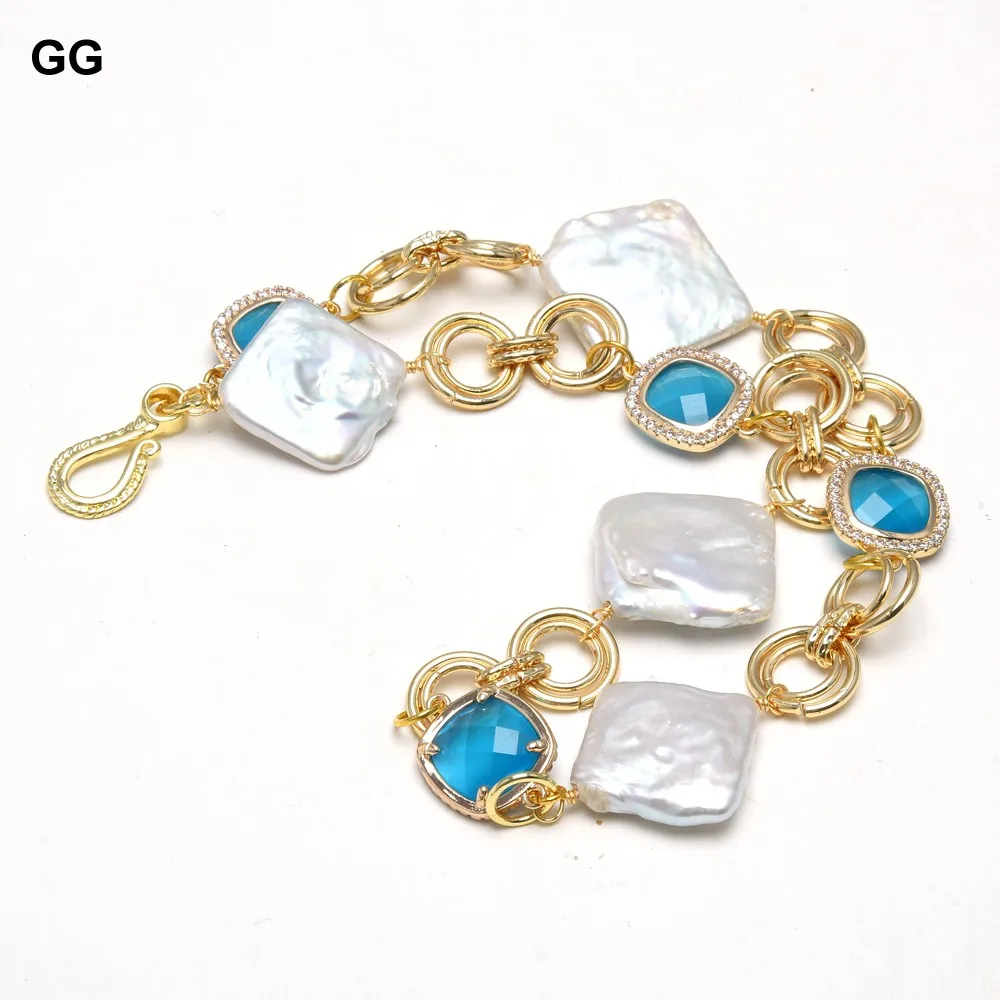 

GG Jewelry Natural Cultured White Rectangle Keshi Pearl Cz Bezel Set Blue Crystal Chain Bracelet For Women Lady Jewelry