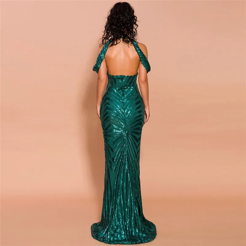 

2019 New Fashion Sexy Green Sequin Long Maxi Celebrity Party Mermaid Dress Luxury Sleeveless Off The Shoulder Vestidos