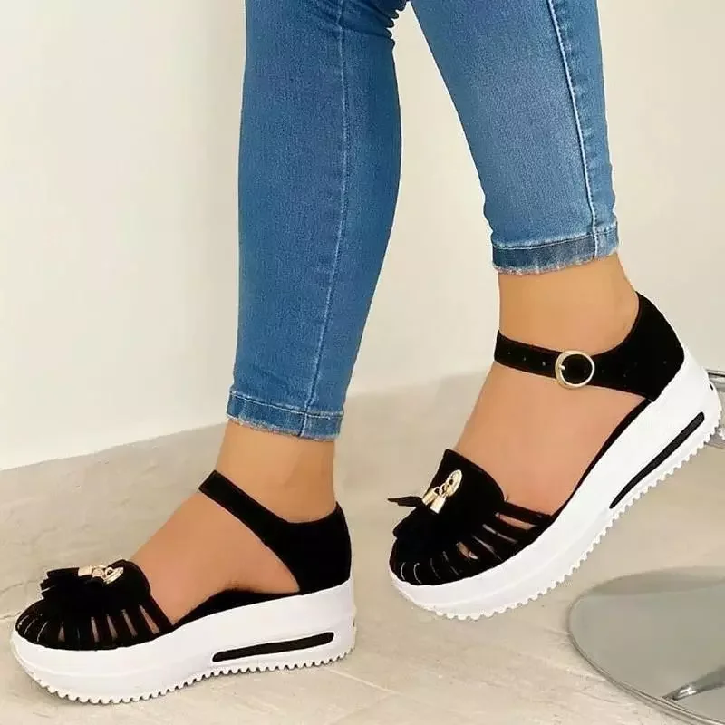 

Women's Suede Solid Color Baotou Hollow Classic Tassel High-heeled Platform Comfortable and Fashionable Casual Sandals KA173