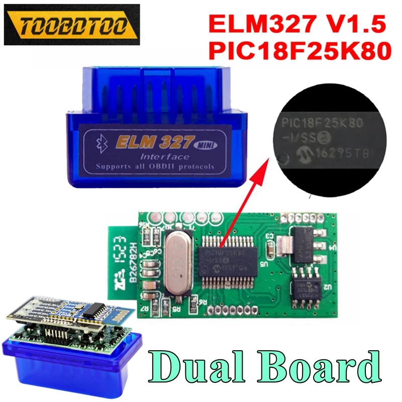 10pcs/Lot PIC18F25K80 Double PCB Baord ELM327 V1.5 Bluetooth Support J1850 Works Android Torque OBD2 Solution Code Reader