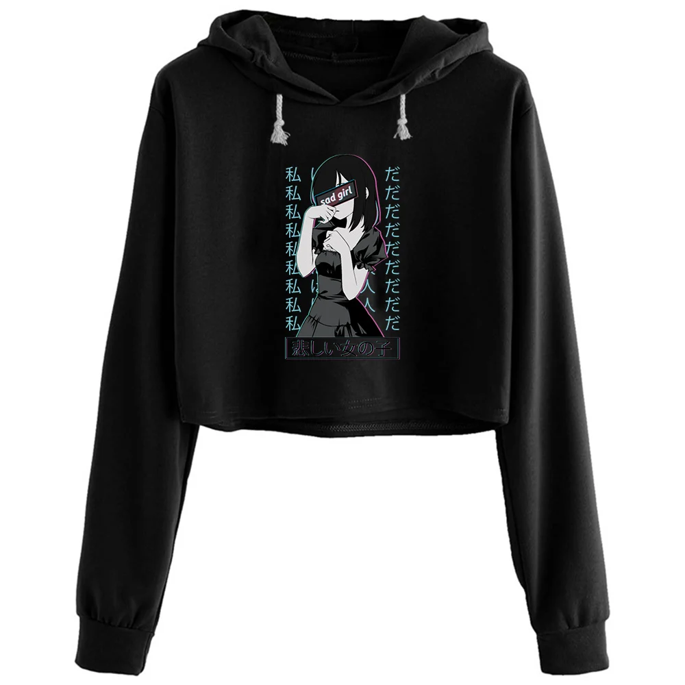 

Anime Sad Waifu Crop Hoodies Women Anime Emo Aesthetic Kpop Pullover For Girls
