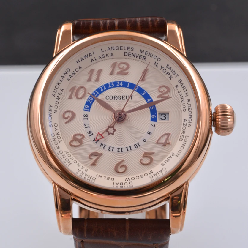 Часы мужские механические с кожаным ремешком и двумя часовыми поясами 43