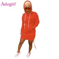 adogirl solid drawstring hoodies dress long sleeved split lace up slim casual hooded sweatshirts mini dresses pockets tracksuit
