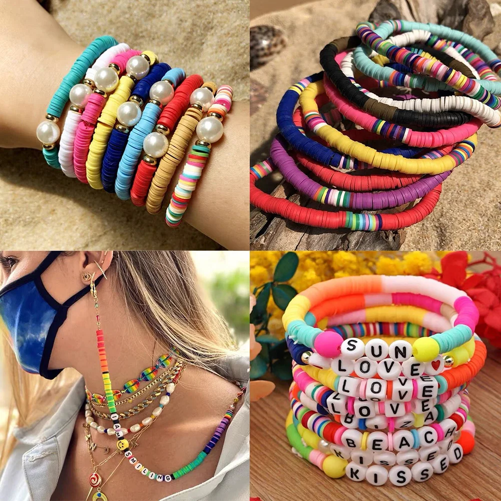 

3454-4917pcs 6mm Flat Round Polymer Clay Heshi Beads Handmade Disk Spacer Beads with Elastic Thread for Bracelet Jewelry Making