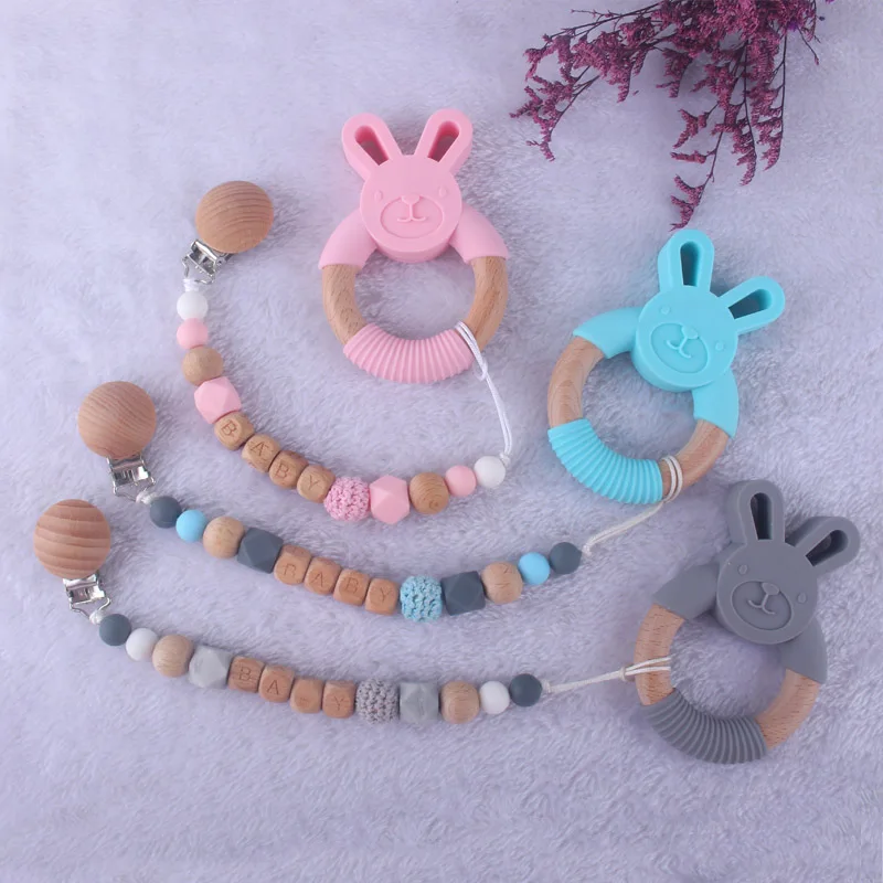 

XCQGH Infant Baby Molar Wooden Silicone Beads Pacifier Chain Silicone Rabbit Ears Teether Toy