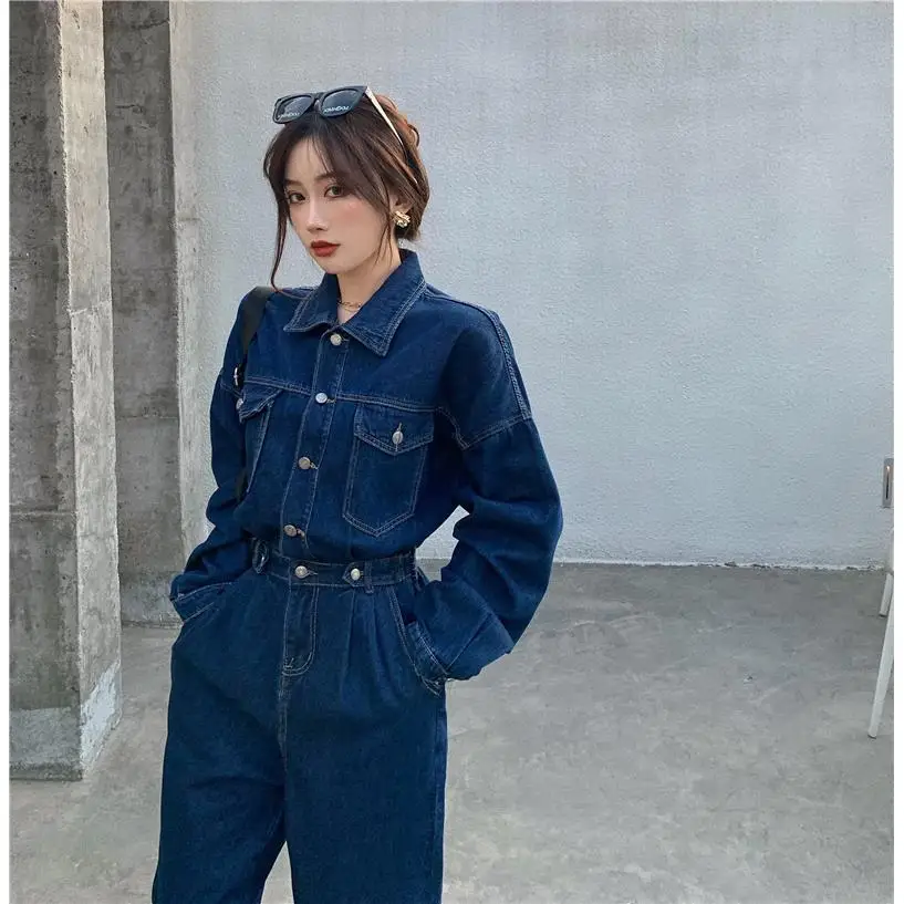 

New style handsome overalls, ladies handsome long-sleeved denim overalls, ladies high-waist elastic loose straight-leg jumpsuits
