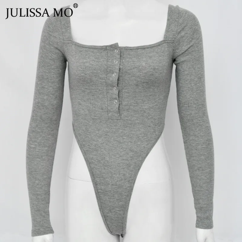 Julissa mo черный с открытыми плечами сексуальный боди Женский с вырезом лодочкой с длинным рукавом комбинезоны Осенние пуговицы обтягивающие Боди Комбинезоны
