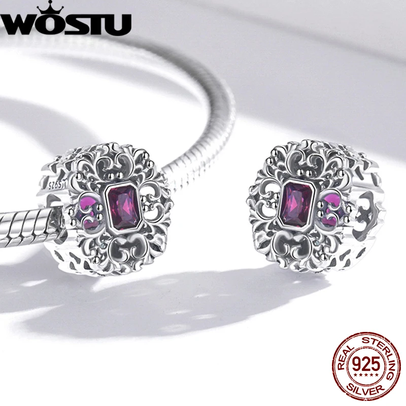 

WOSTU 925 Sterling Silver Vintage Pattern Square Rose Red CZ Beads Fit Original Bracelet Bangle Fine Jewelry For Women Charms