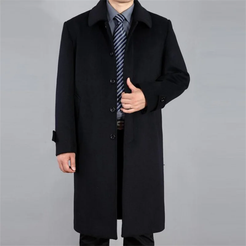 Middle-aged father men's woolen coat over-knee ultra-long cashmere trench coat thick windbreaker winter clothes black grey brown
