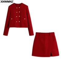 xnwmnz autumn red ladies all match casual texture double breasted suit jacket high waist texture skirt office professional wear