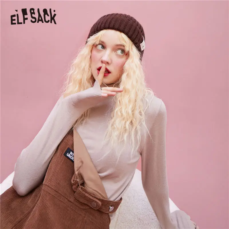 Женский вязаный пуловер ELFSACK Однотонный свитер с длинными рукавами в Корейском