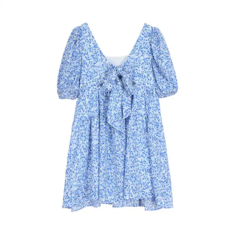 

New style temperament Korean version sweet back bow doll skirt V-neck bubble sleeve Floral Dress