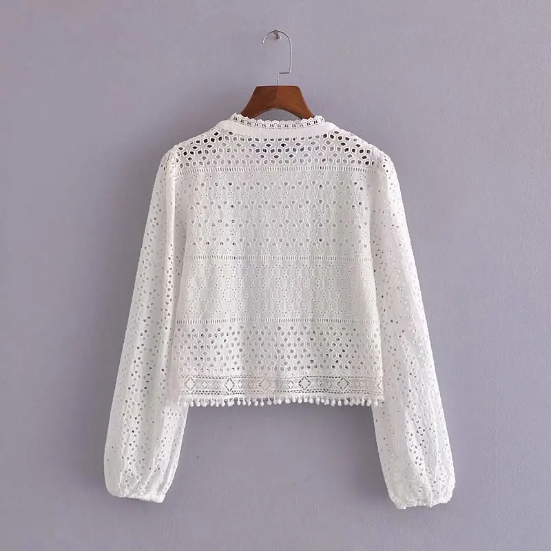 

ZA Summer WomenEmbroidery Casual Blouse O-Neck Long Sleeve Hollow Out Shirt Female Loose Thin Top Single Breasted Pocket Blouse