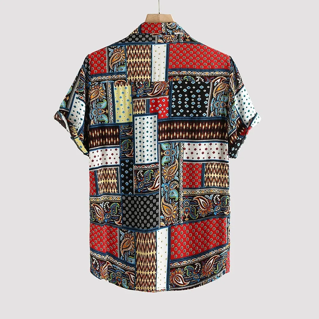 

Mens Streetwear Vintage Ethnic Style Printing Hawaiian Shirts Retro Patchwork Loose Short Sleeve Stand Collar Casual Shirt