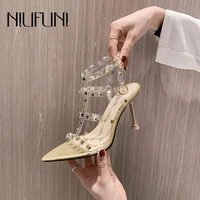 pvc transparent buckle rivet summer women sandals pointed toe gladiator clear stiletto high heels open toe wedding sandals shoes