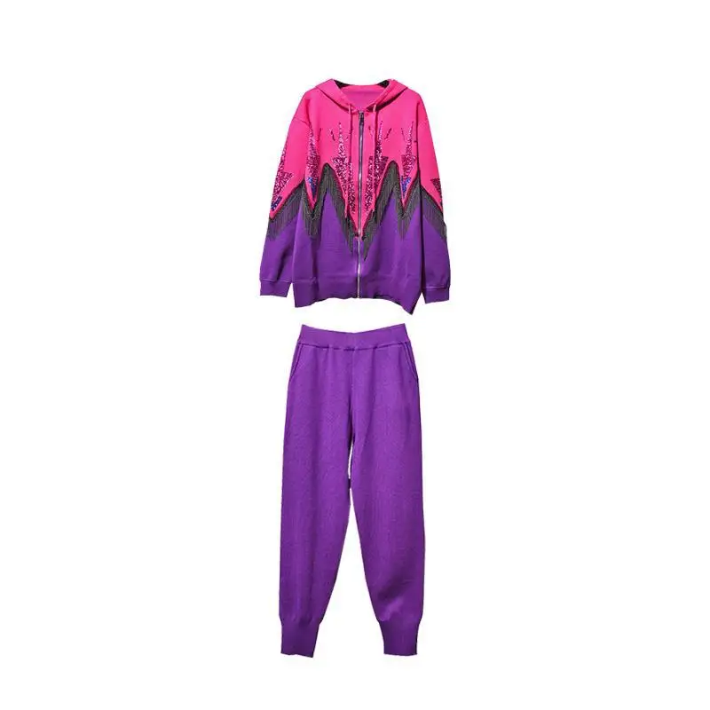 

SuperAen 2021 Autumn New Sequin Bump Zipper Sweater Jacket Suit Slim Fashion Two Piece Set Women