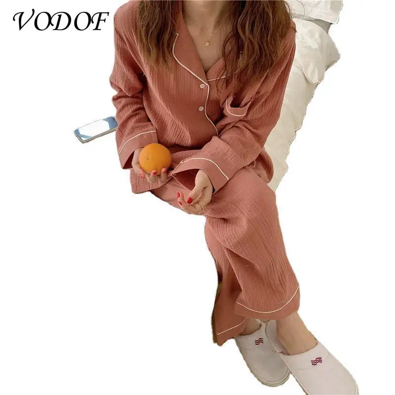 VODOF New Style Ladies Cotton Long-sleeved Trousers Pajamas Suit Cute Home Service Suit Women