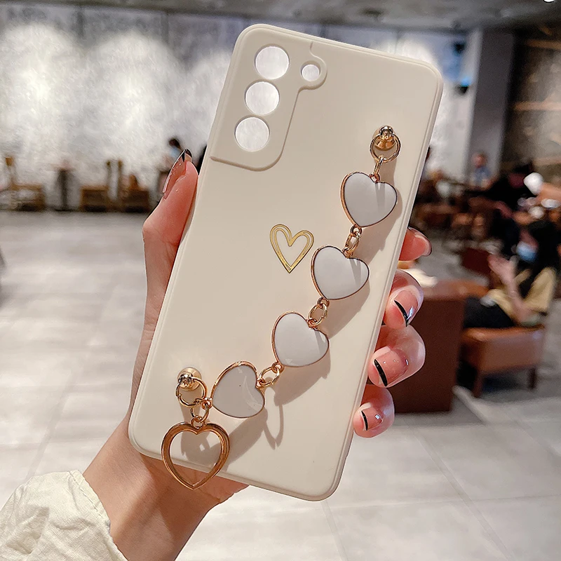 

Luxury Heart-shaped Square Liquid Silicone Phone Case For Samsung Galaxy S21 S20 Plus Note 20 A52 A32 Ultra-thin Bracelet Cover