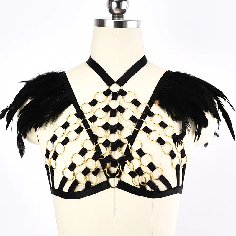 Для женщин страховочная система с черными перьями клетка бюстгальтер эластичная