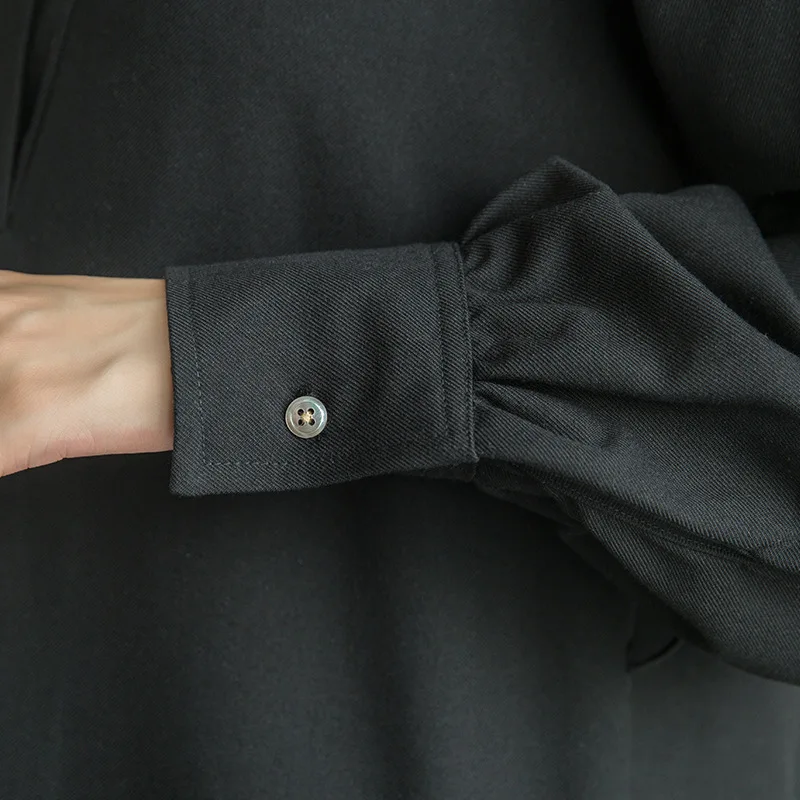 

Johnature New V-neck Casual Fashion Simple Loose Women Dresses 2021 Autumn Winter Full Sleeve Sashes Solid Color Dress Black