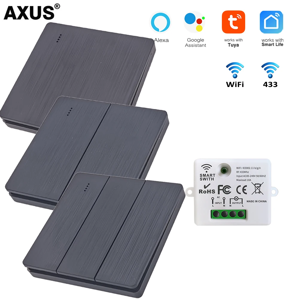 

AXUS Tuya Wi-Fi выключатель света RF 433 МГц, кнопочный переключатель на 1/2/3 клавиши, реле умного дома, модуль таймера Google Home Alexa