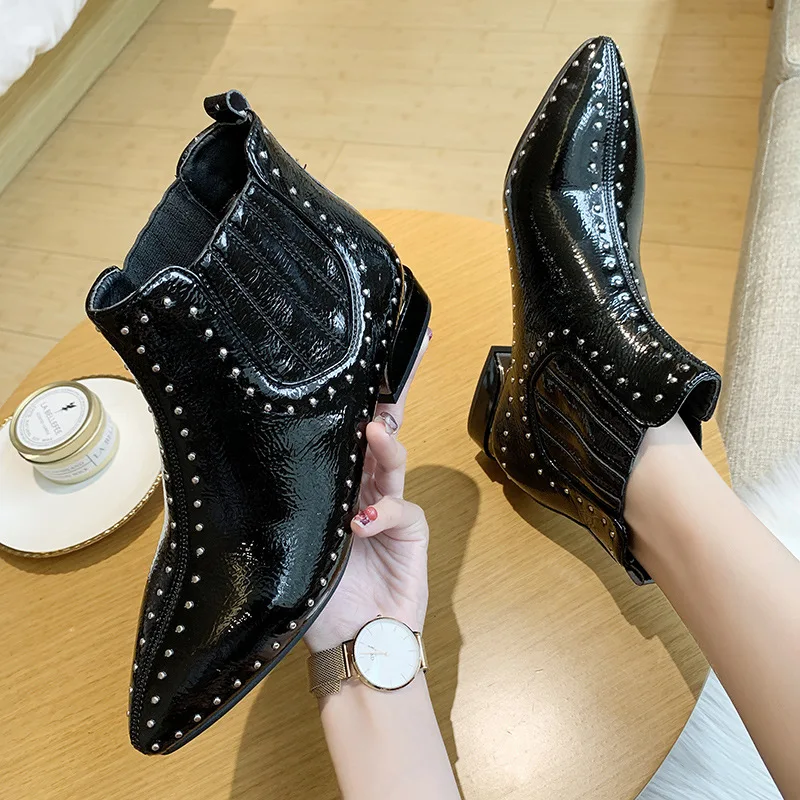 С Острым носком с заклепками Сапоги в стиле панк женские сапоги высоким