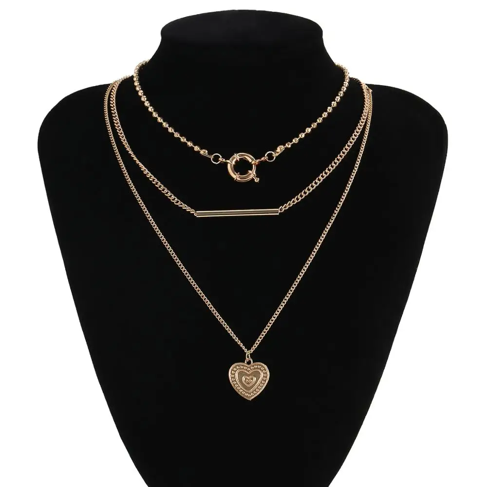

IngeSight.Z 3Pcs/Set Multi Layered Love Heart Pendant Necklace for Women Statement Metal Strips Choker Necklaces Collar Jewelry