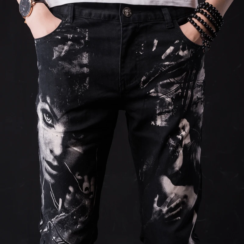 

Star Beauty Style Personality Printed Rock jeans men Black casual Mid Waist Skinny jeans for man,size 28-38