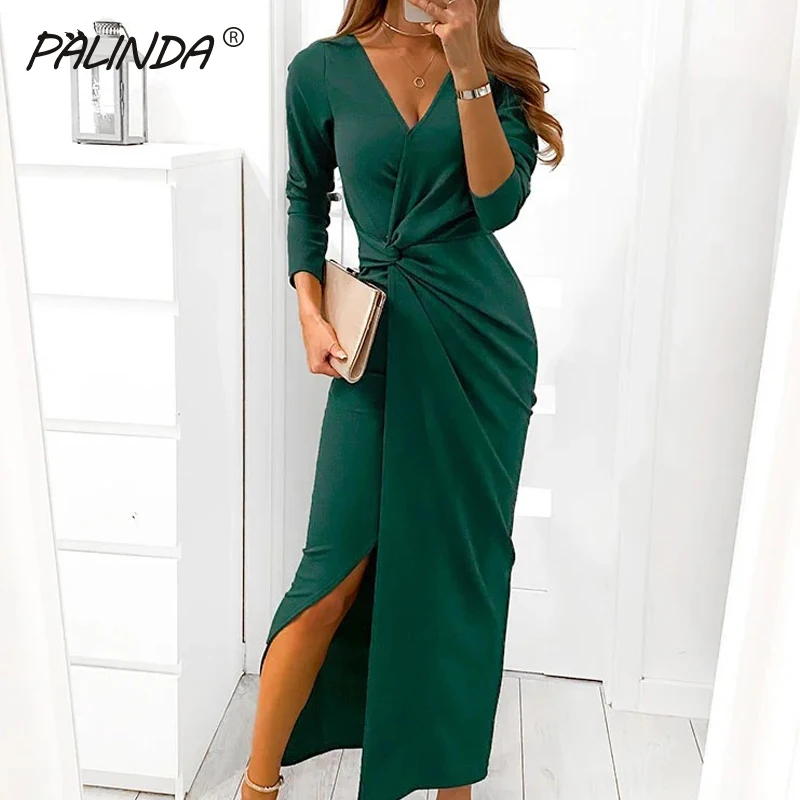 

2021 Warm Knit Autumn Women Midi Dress Bodycon Lady Sexy Deep V-neck Party Outwear Elegant Femme Knot Split Dresses 2XL G2974