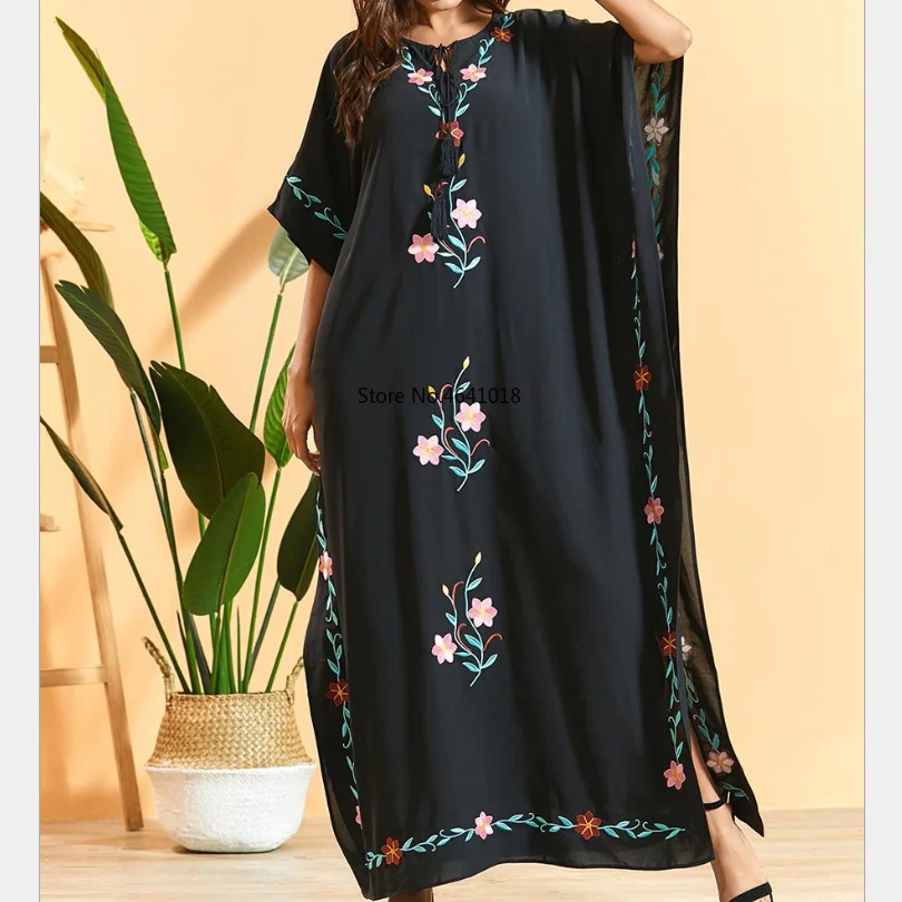 Vestidos Для женщин цветочной вышивкой с рукавом летучая мышь в богемном стиле