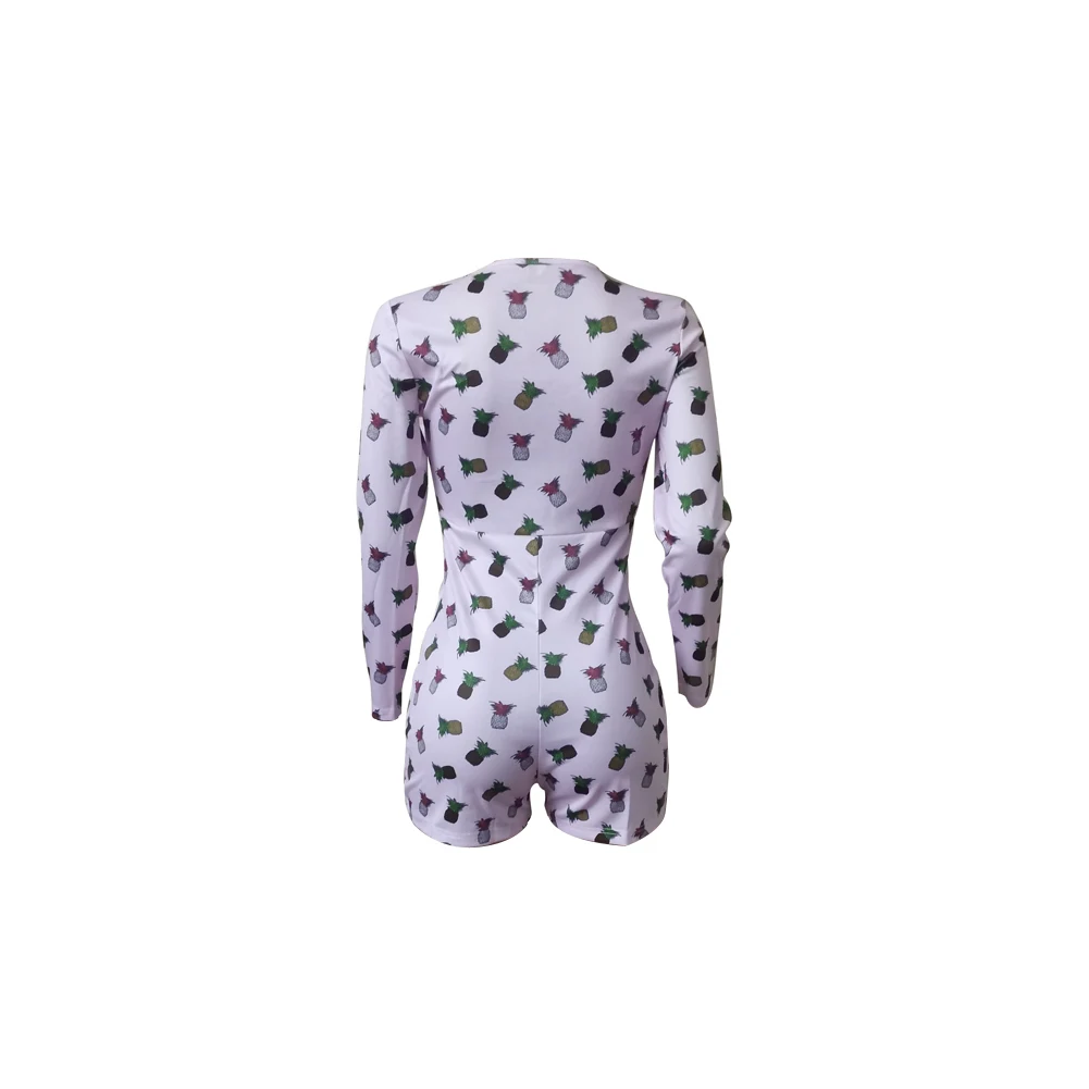 

Women Long Sleeve Short Bodysuit Bodycon Sleepwear Sexy U-shaped Neck Fruit Print Buttons Playsuit Slim Casual Homewear