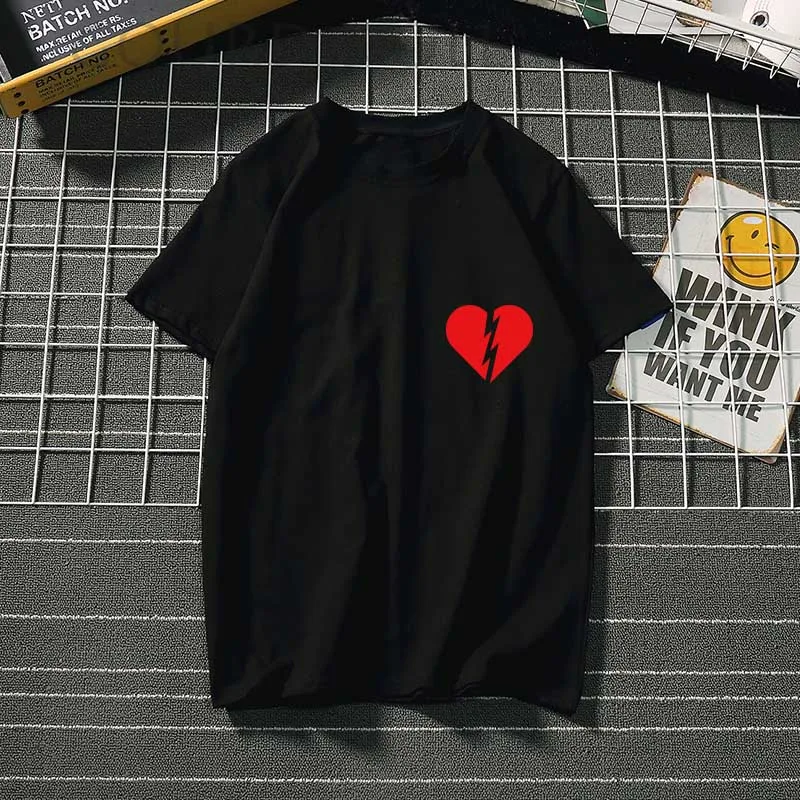 Женские футболки с принтом lover Harajuku, Летние черные повседневные футболки с круглым вырезом и сердцебиением, женские футболки, женская одежда