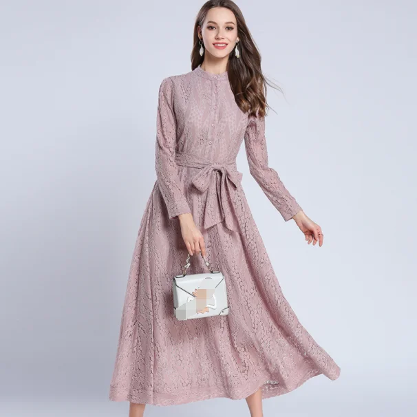 Новинка Кружевное Платье макси с бантом тонкое розовое круглым вырезом