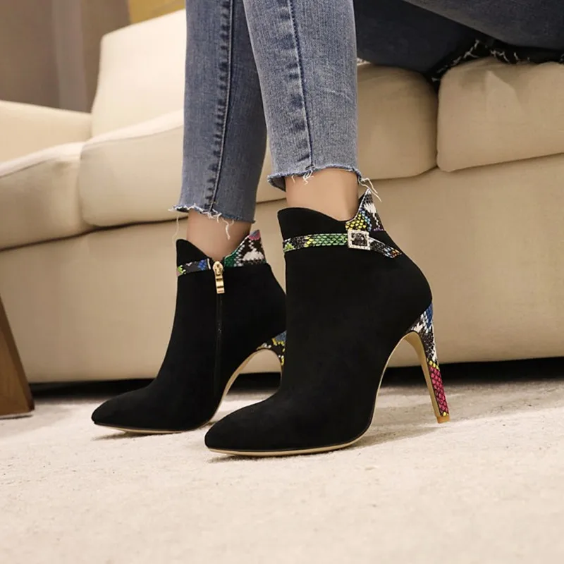 

Ochanmeb Faux Suede Leather Boots Woman Crystal Rhinestone Buckle Strap Shoes Ladies Sexy Stiletto High Heeled Short Boots 33-49