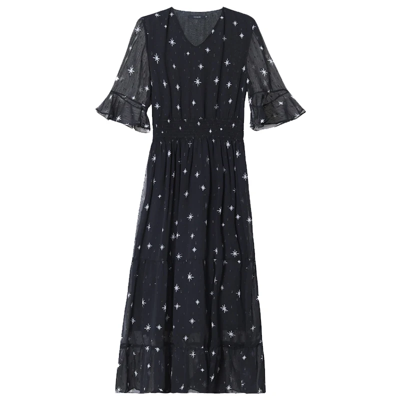 

Star Long Skirt Summer Short-sleeved Chiffon Skirt Super Fairy French Black Temperament V-neck Dress Women for Women Sexy Party