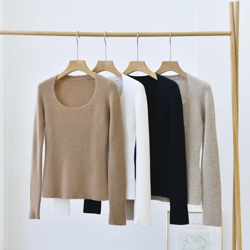 

masigoch winter warm ribbed knit worsted 100% cashmere u neck sweater knitwear long sleeve