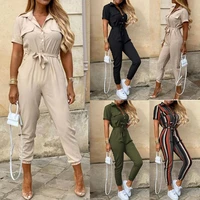 office lady short sleeve v neck stripes print button belt one piece jumpsuit perfect gifts for women