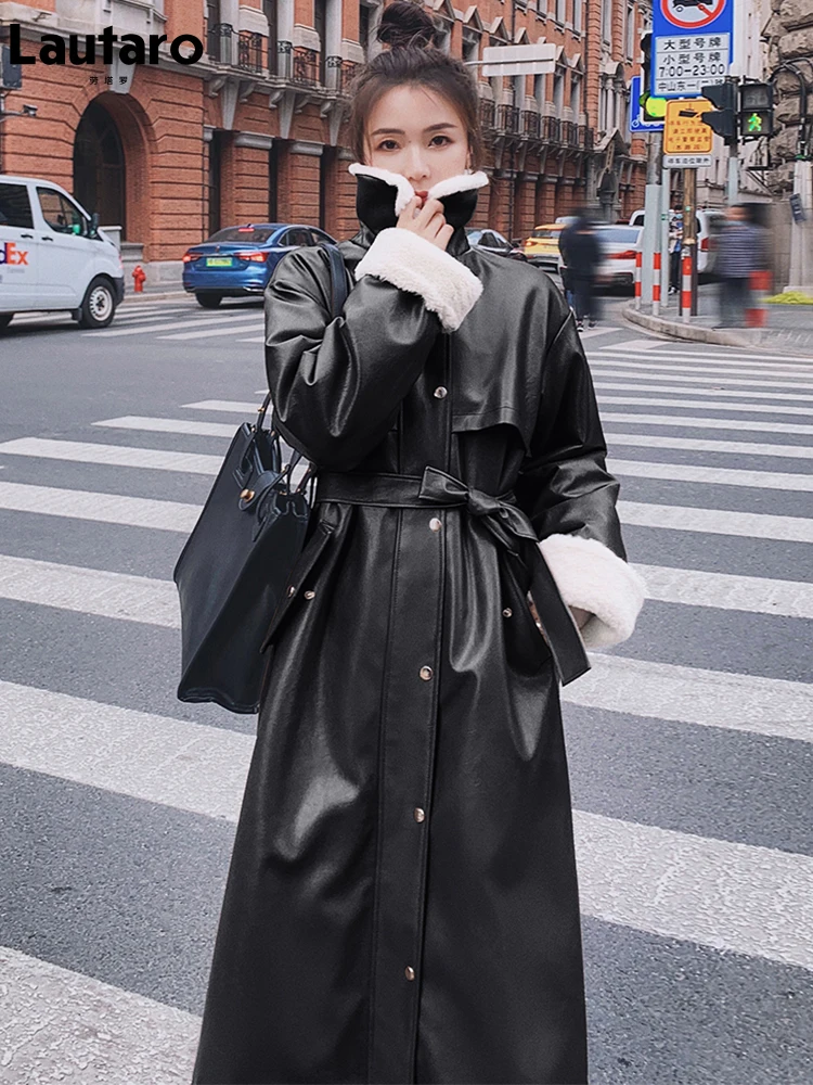 Lautaro Winter Long Warm Thick Leather Trench Coat for Women with Faux Fur Inside Belt Loose Korean Fashion 2021 Fur Lined Parka