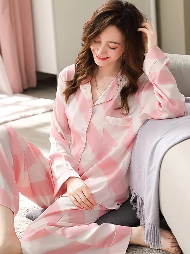 2022 New Ice Silk Pajamas Sets for Women Spring&Summer 2 Pcs Pyjama Suit Pink Striped Female Sleepwear Home Clothes Pijama Mujer