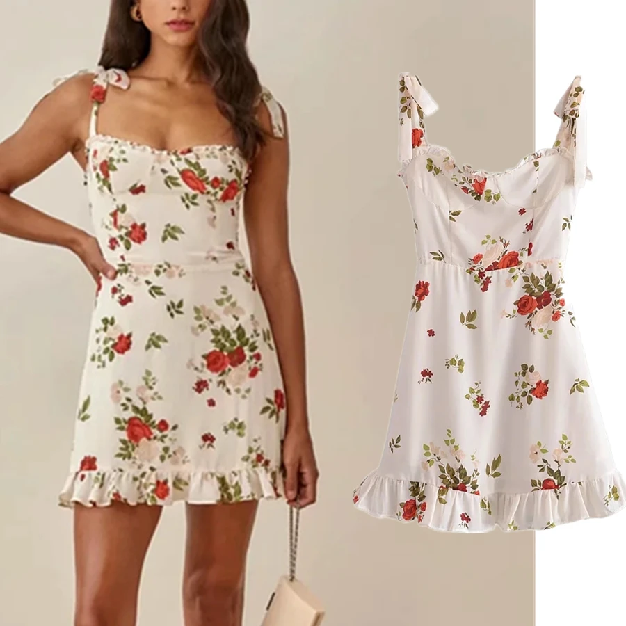 

Withered Summer Dress Women Vestidos France Indie Folk Vintage Floral Printing Spaghetti Strapless Ruffles Sexy Mini Party Dress
