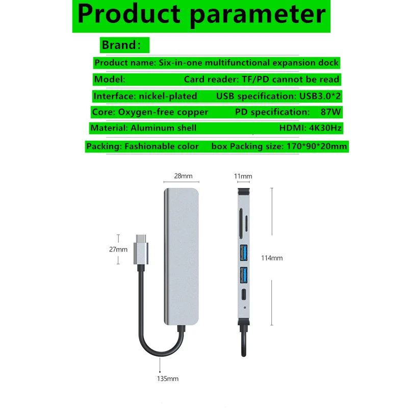 

6-in-1 USB Type C Hub Adapter with 4K HDMI Multiport Card Reader USB3.0 TF PD SD Reader Multifunction forPC Computer Accessories