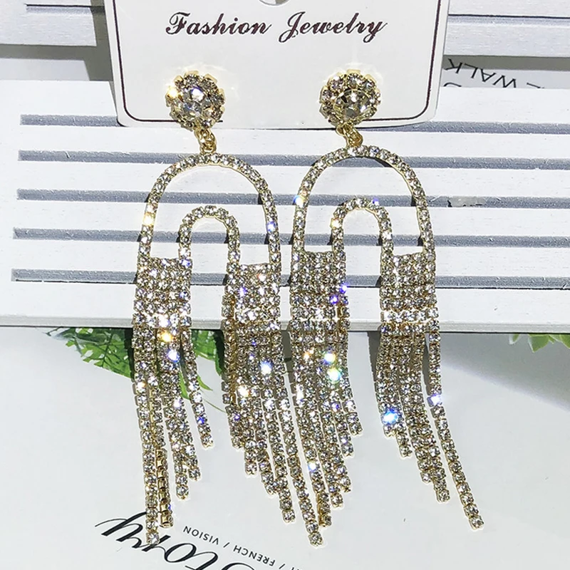 

Bling Bling Rhinestone Stud Earring Women Long Tassel Earring Fashion Jewelry Accessories for Gift Party