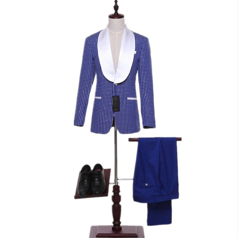 Новый мужской костюм синего и белого цвета в горошек мужские свадебные платья
