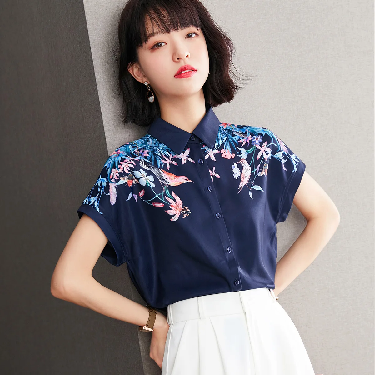 

Houthion Chiffon Slim Women's Blouses Fashion Short Sleeve Top Flowers Buttons Polo Shirt Summer New Casual Blouse