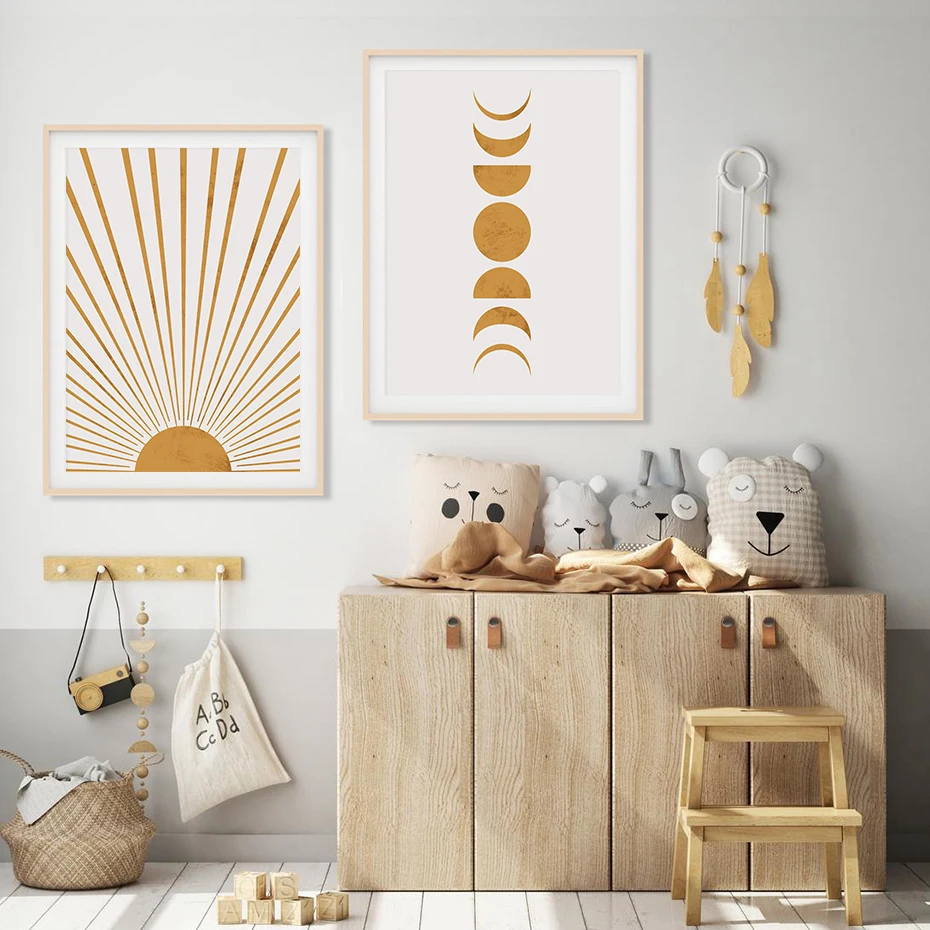 Солнце и луна фазы Бохо желтый бежевый полотно среднего века картина для детской