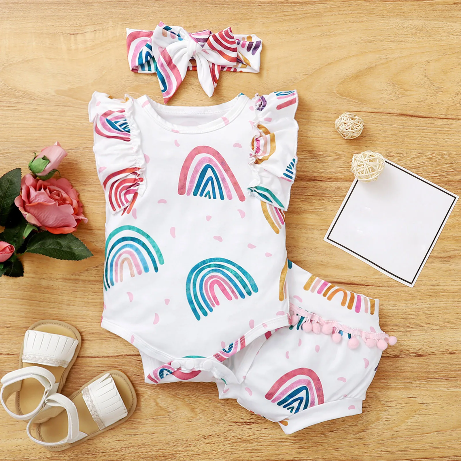 

Infant Baby Girl Ruffle Rainbow Printed Romper Bodysuit Tassels Shorts Outfits Newborn girl Clothes Outfits niemowle dziewczynka